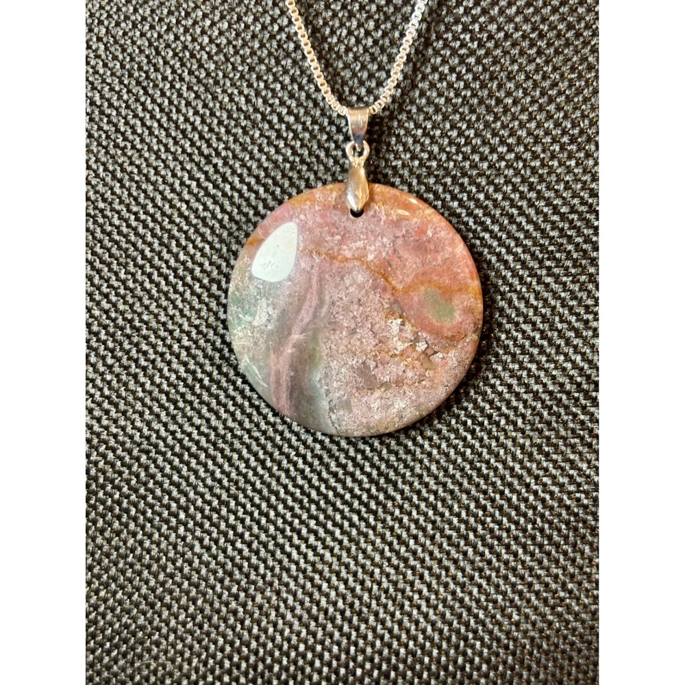 Natural Pink Moss Agate Stone Disc Pendant Necklace Stainless Steel Box Chain